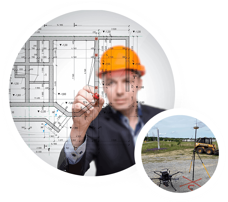 A man in hard hat and construction site with building plans