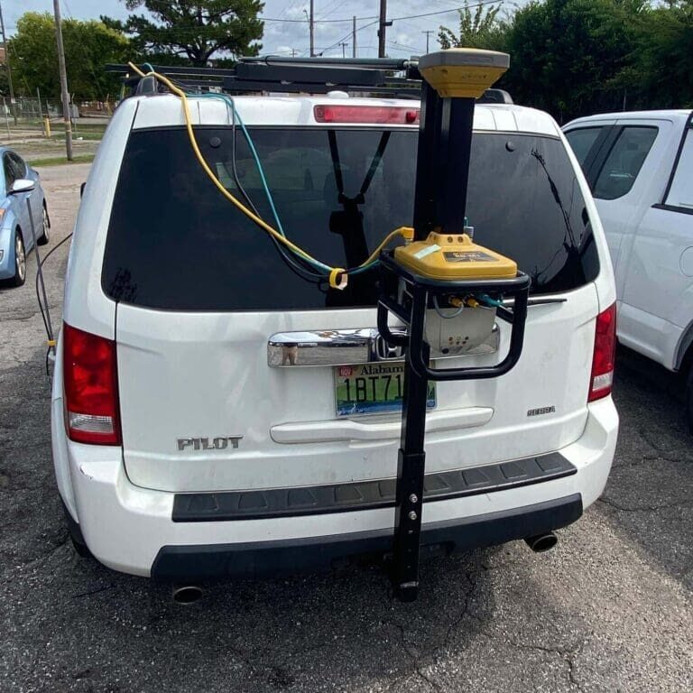 A white suv with a yellow and black tow bar.